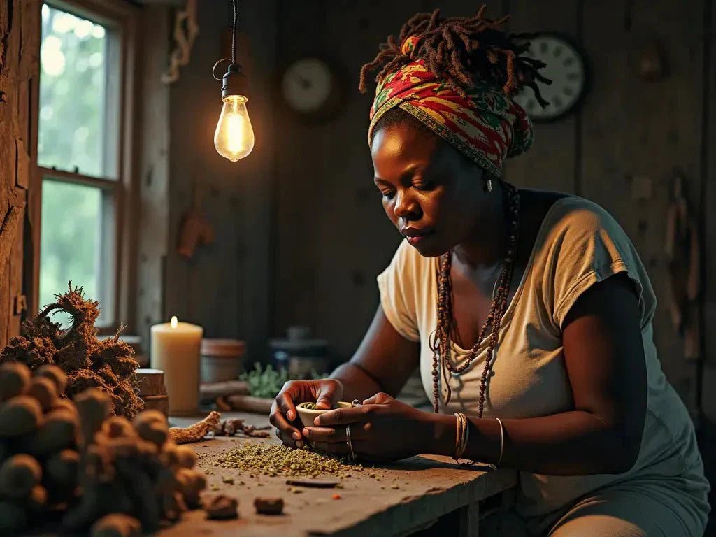 Woman practicing Gullah Geechee spirituality with ancestral herbs