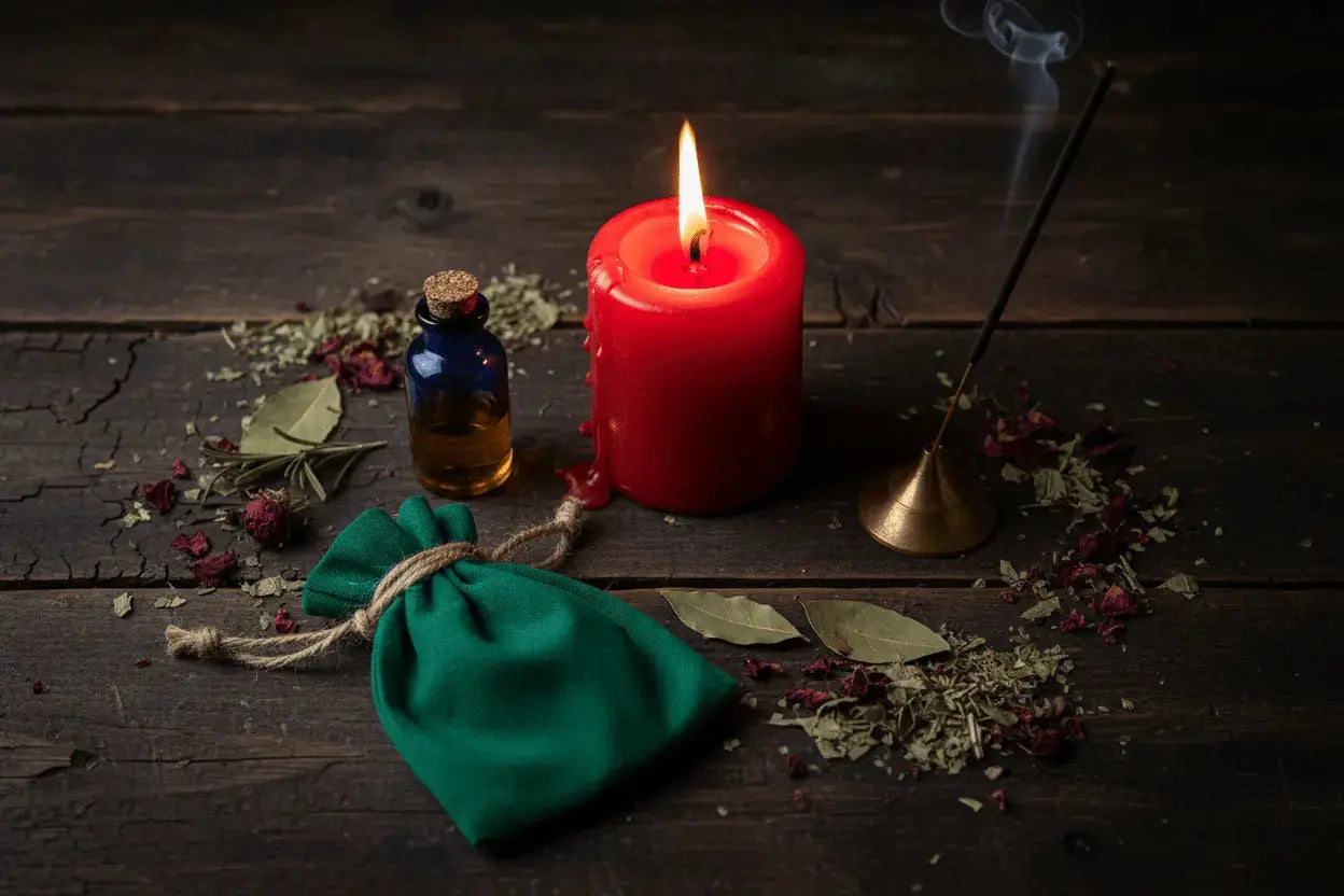 A moody candlelit flat lay of Hoodoo ritual tools including a fixed pillar candle, condition oil, plain cloth mojo bag, dried herbs, and incense on a dark wooden surface.