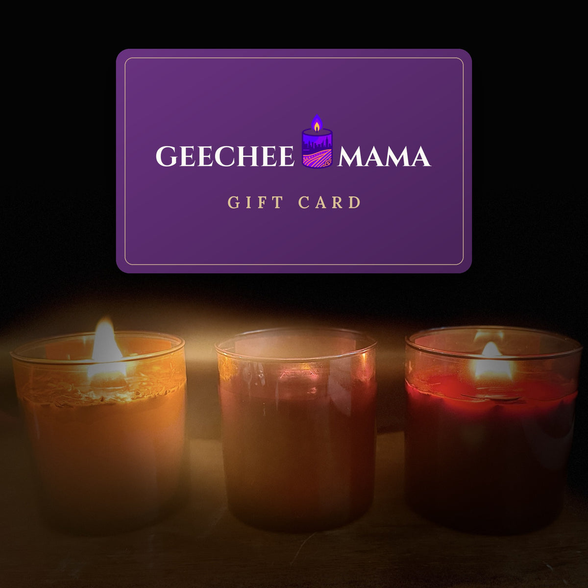 Geechee Mama hoodoo gift card in plum and gold above three lit candles