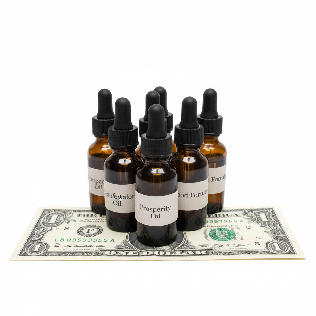 Set of oil bottles labeled with different fortunes on a dollar bill